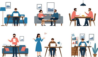 Indoor Activity Scenes – Cartoon People Working, Conversing, and Relaxing in Home and Office Settings