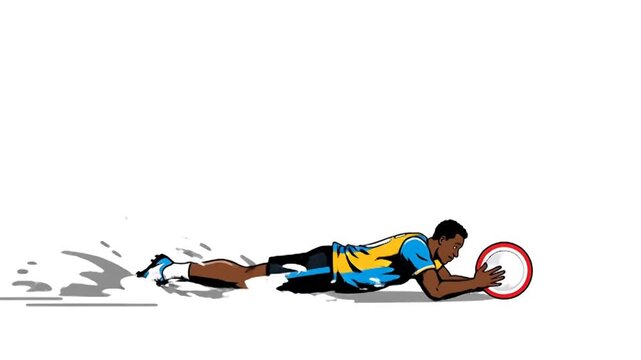 Athletic man dives to catch a frisbee in a dynamic sports illustration.