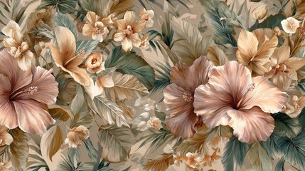 Muted tropical botanical pattern features large blooming flowers and lush foliage