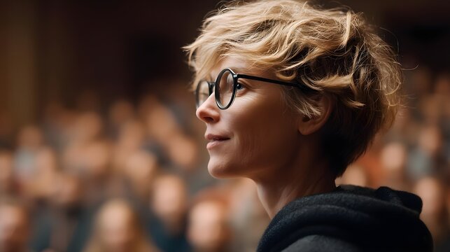 Woman with Short Hair and Glasses at a Public Speaking Event