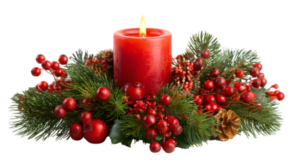 Christmas candle centerpiece with pine branches and berries isolated on white background