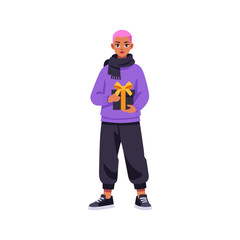 woman with shaved pink hair, wearing a purple sweater and a black scarf, holding a large black gift box with a gold bow, vector flat illustration on white background