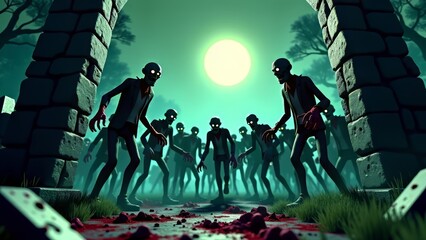 Zombie horde approaching through graveyard entrance