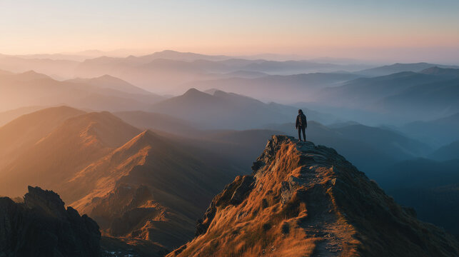A lone hiker standing on a mountain ridge at golden hour, looking out over a vast mountain landscape - Powered by Adobe