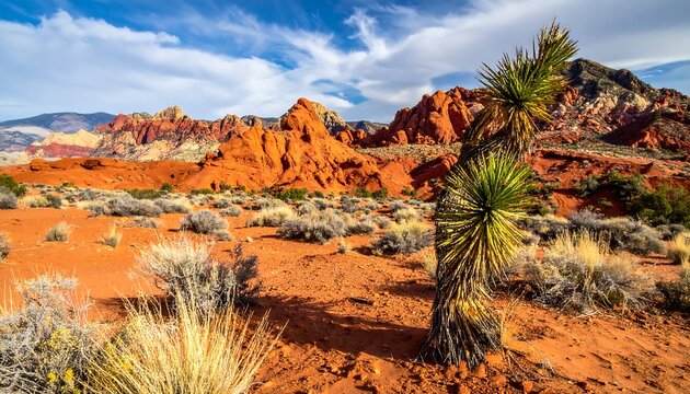 Arid desert landscape with red rock formations and a yucca plant - Powered by Adobe