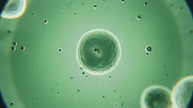 A detailed microscopic animation depicting a colony of spherical cocci bacteria under scientific laboratory observation