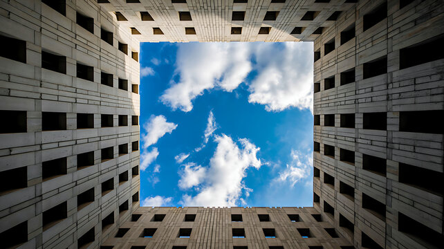 Looking up from the ground through a square courtyard formed by tall, repetitive concrete building facades to a bright blue sky filled with white clouds symbolizing freedom and perspective.