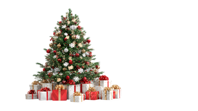 Christmas tree with wrapped gifts at the base isolated on white background