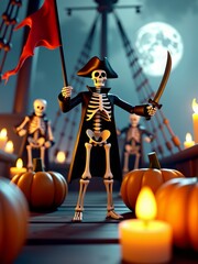 Pirate skeleton crew on haunted ship deck