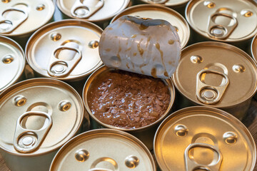An open can of food and multiple closed cans around.