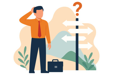 Businessman standing near signpost with many direction arrows feeling confused and thinking, flat vector illustration