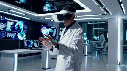 Researchers explore advanced digital technologies in a futuristic medical workspace using virtual reality headsets - Powered by Adobe