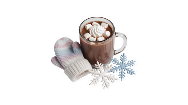 Cozy hot chocolate with marshmallows and whipped cream next to a knitted mitten and snowflakes isolated on a transparent background