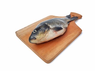 Fresh raw carp fish on wooden chopping board isolated on white background. High angle view 