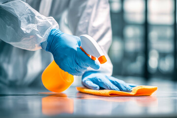 Cleaning surfaces with spray and cloth in a sanitized environment while wearing protective gear