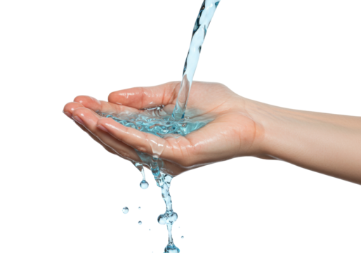 Isolated image of pouring water into outstretched human hand with gentle motion, freshness
