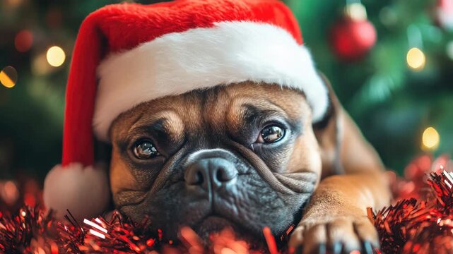 Goofy dog with oversized Santa hat ,sitting by Christmas tree, comical expression, meme-ready,