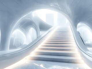 Obraz premium Futuristic stairway ascending towards a luminous portal in a pristine environment