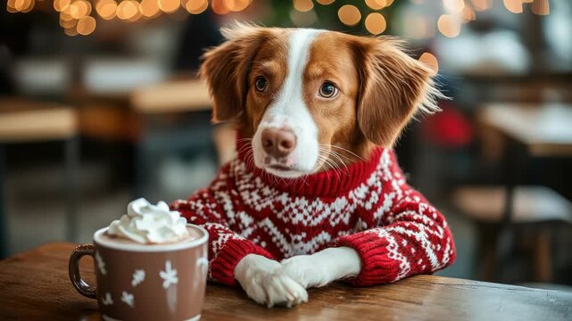 Funny dog in Christmas sweater sitting at caf&eacute; table with hot chocolate and whipped cream on nose, cozy background, playful holiday meme scene, copy space