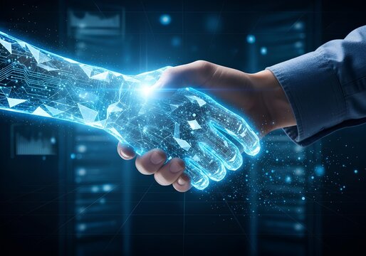 Hand shaking between human and digital hand, integration between human and artificial intelligence in modern smart technology