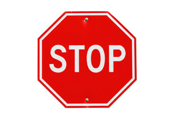 Isolated red octagonal stop sign with white border and large letters, traffic symbol