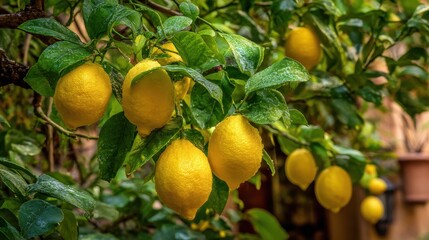 A lemon tree in a sunny Spanish garden laden with big ripe lemons and lush green leaves