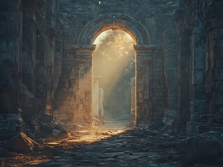 Illuminated archway within ancient stone ruins evoking a sense of history