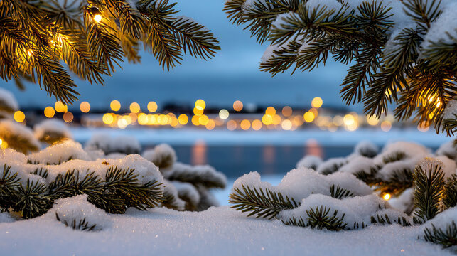 Snowy pine branch framing warm bokeh lights over frozen lake at dusk, cozy winter atmosphere with soft snow texture and evergreen needles sparkling in cold air