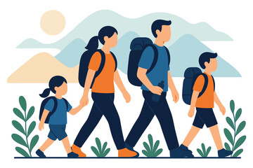 Family hiking together in nature with backpacks and mountains background, flat vector illustration