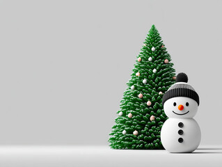 Snowman with knit hat and carrot nose beside decorated fir tree in minimalist snowy scene evoking cozy festive mood