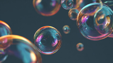 Naklejka premium Playful soap bubbles reflecting light with various colors, floating in the air. Capturing the beauty of the ephemeral and the magic of childhood.