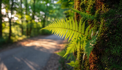 Sunlit fern on mossy tree trunk beside forest path