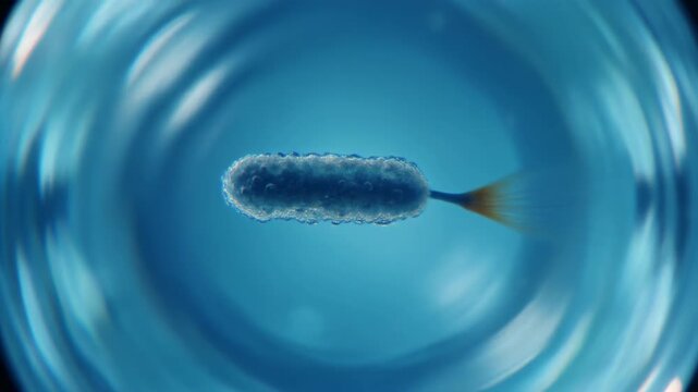Realistic microscopic view of a single rod-shaped bacillus bacteria swimming dynamically in translucent blue fluid, detailing microbial life and cellular propulsion