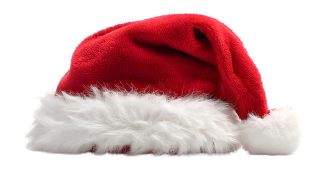 Classic Santa Claus hat with fluffy trim isolated on white background