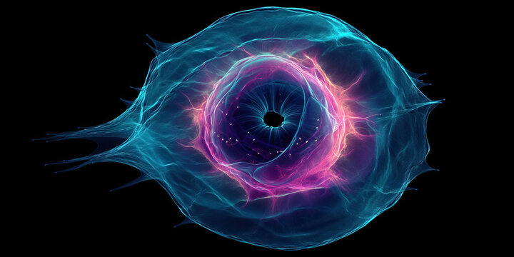 Abstract fibroblast cell structure neon light halo glowing filament nucleus digital visualization emotional luminous energy