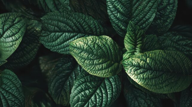 Detailed view of lush green leaves offering an abstract nature backdrop with vibrant textures and botanical designs