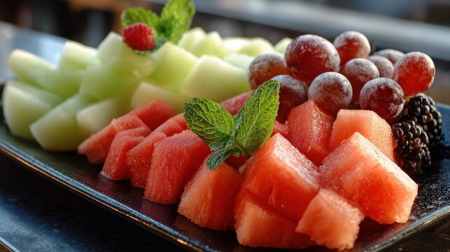 Fruit tray with sliced watermelon honeydew grapes and maybe cantaloupe topped with mint and a red berry - Powered by Adobe