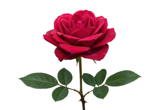 Isolated Red Rose Blossom and Stem with Leaves for Valentine’s Day or Flower Gift Card