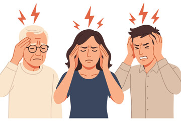 Group of people suffering from headache and stress touching their heads with pain expression showing migraine and discomfort concept flat vector illustration