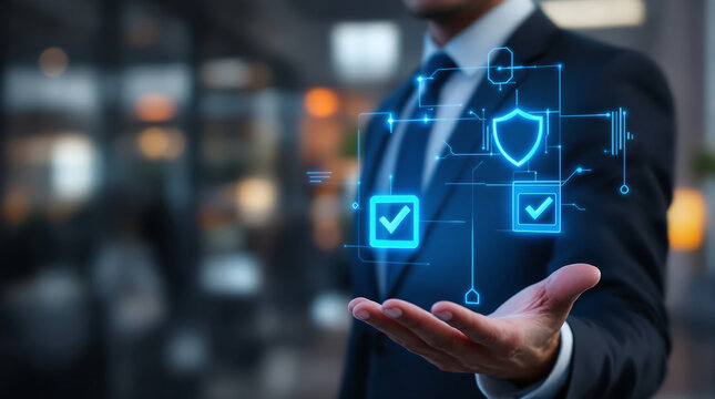 Cyber security concept business man showing digital security shield and check mark for protection data