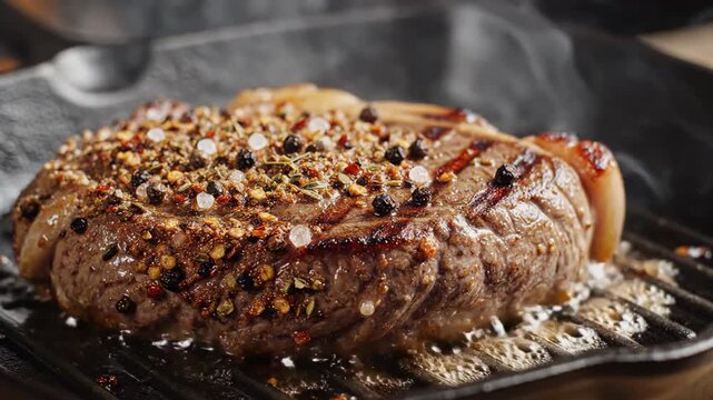 The image shows a piece of meat cooking on a grill pan. The meat has a rectangular shape and is covered with a lot of spices and salt. Smoke is visible rising from the meat, indicating that it is bein