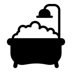 Bathtub with soap foam and faucet solid icon, body hygiene concept. Vector graphics. Bathroom tub, shower sign on white background, style icon mobile or web design.