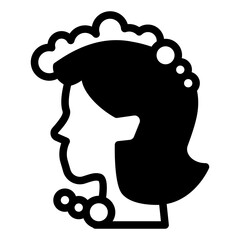 Woman head hair with foam solid icon, body hygiene concept. Vector graphics. Girl with soapy shampoo foam, head washing sign on white background, style icon mobile or web design.