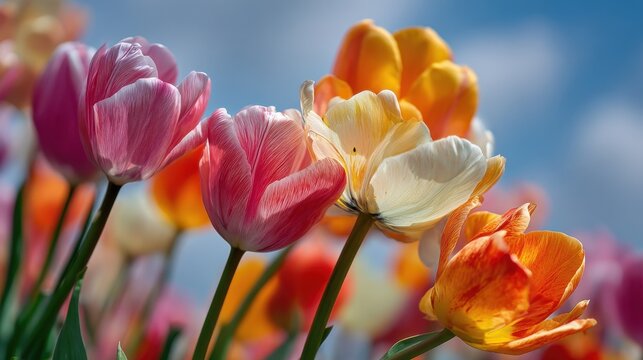 A lively spring scene of blooming tulips under a gentle blue sky highlighting nature s floral beauty