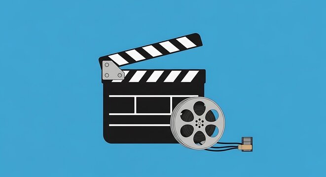 Film clapperboard and film reel icon on blue background.