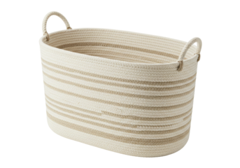 Isolated striped storage basket with handles, decorative container for living space needs