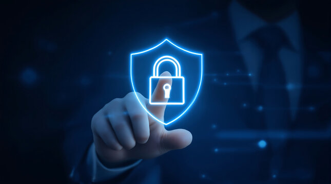 Cyber security concept with padlock and shield for data protection and digital privacy online safety