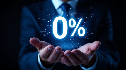 Zero percent interest rate promotion offer with businessman hands holding glowing interest rate