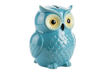 Isolated teal owl piggy bank with coin slot is a cute ceramic animal container savings box