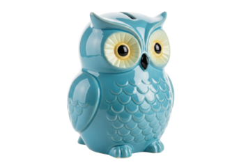 Isolated teal owl piggy bank with coin slot is a cute ceramic animal container savings box
